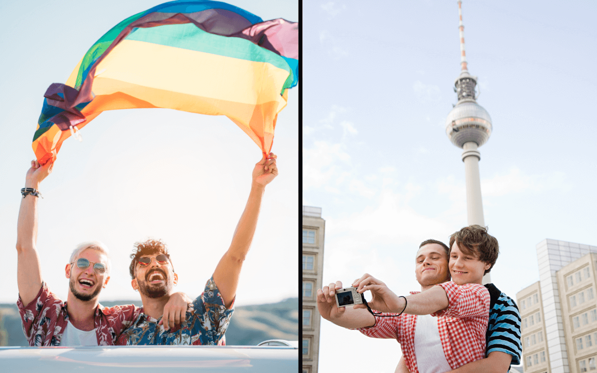 Besten europäischen Städte für Schwule. Symbobilder: Links - Zwei Männer halten die Regenbogenfahne in den Wind. Rechts - ein schwules Paar macht ein Selfie vor dem Fernsehturm. Englisch: Best European cities for gays. Symbol images: Left - Two men hold the rainbow flag in the wind. Right - a gay couple takes a selfie in front of the TV tower.