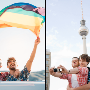 Besten europäischen Städte für Schwule. Symbobilder: Links - Zwei Männer halten die Regenbogenfahne in den Wind. Rechts - ein schwules Paar macht ein Selfie vor dem Fernsehturm. Englisch: Best European cities for gays. Symbol images: Left - Two men hold the rainbow flag in the wind. Right - a gay couple takes a selfie in front of the TV tower.