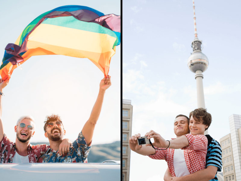 Besten europäischen Städte für Schwule. Symbobilder: Links - Zwei Männer halten die Regenbogenfahne in den Wind. Rechts - ein schwules Paar macht ein Selfie vor dem Fernsehturm. Englisch: Best European cities for gays. Symbol images: Left - Two men hold the rainbow flag in the wind. Right - a gay couple takes a selfie in front of the TV tower.