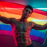 CSD 2025 Termine Juli, August & September. Symbolbild: Ein Mann mit nacktem Oberkörper hält die Regenbogenfahne. CSD 2025 dates for July, August, and September. Symbolic image: A man with a bare torso holding a rainbow flag.