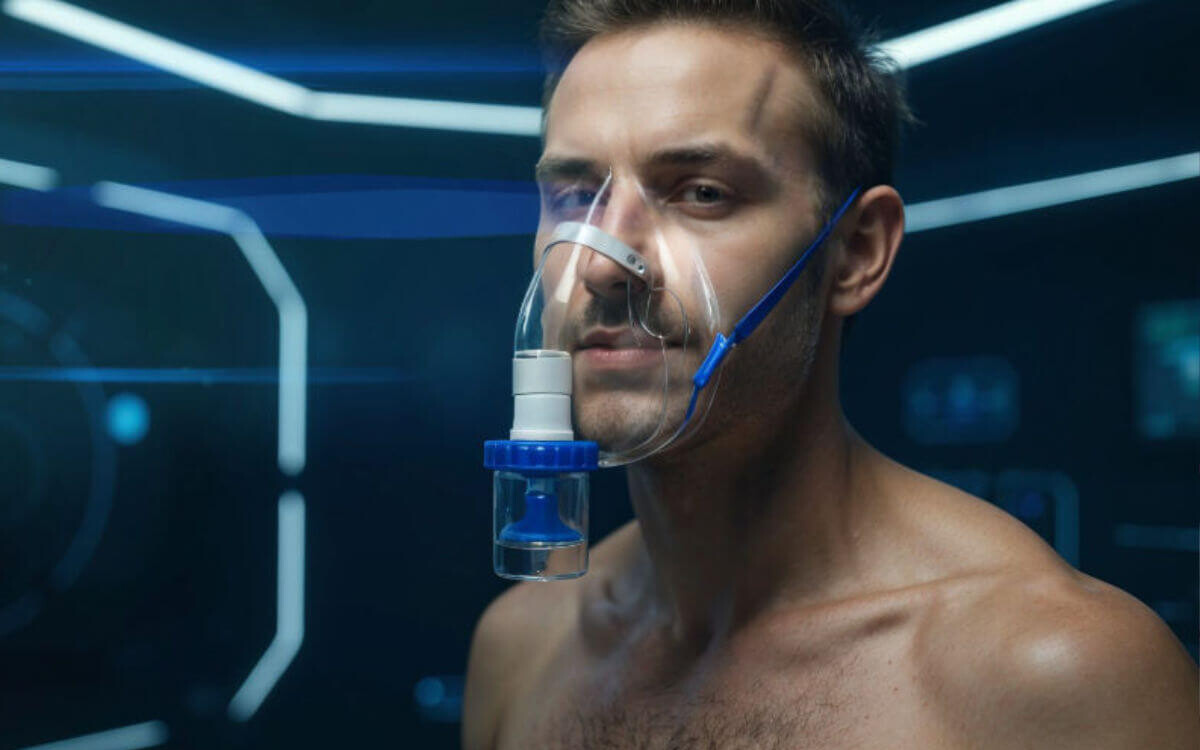 Beste Poppers Symbolbild: Mann mit Poppers-Maske. Best poppers Symbolic image: Man wearing a poppers mask.