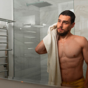 Aftercare für Tops und Doms Symbolbild Topdrop: Ein Mann steht nackt vor dem Badezimmerspiegel und trocknet sich mit einem Handtuch ab. . Aftercare for tops and doms Symbolic image of a top drop: A man stands naked in front of the bathroom mirror and dries himself with a towel.