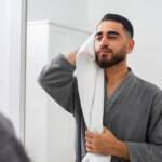 BDSM-Aftercare Symbolbild: Ein Mann mit Bademantel bekleidet trocknet sich nach dem Duschen das Gesicht mit einem Handtuch ab. . BDSM aftercare Symbolic image: A man wearing a bathrobe dries his face with a towel after showering.