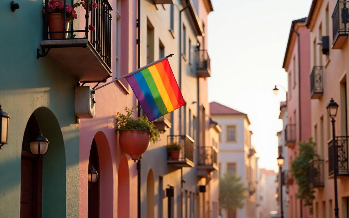 Dorfpride Symbolbild: Eine Regenbogen-Flagge hängt an einem Haus. Village pride Symbolic image: A rainbow flag hanging from a house.