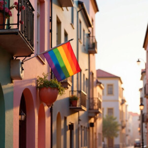 Dorfpride Symbolbild: Eine Regenbogen-Flagge hängt an einem Haus. Village pride Symbolic image: A rainbow flag hanging from a house.