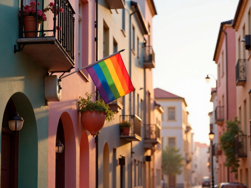 Dorfpride Symbolbild: Eine Regenbogen-Flagge hängt an einem Haus. Village pride Symbolic image: A rainbow flag hanging from a house.